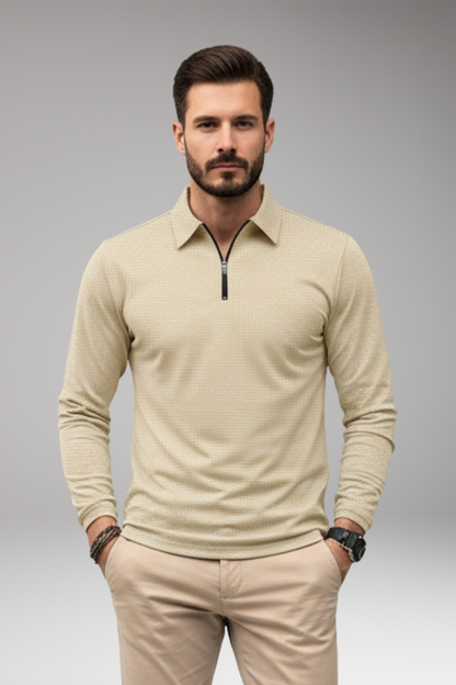 Men's Polo Shirt Long-Sleeve Zipper Textured