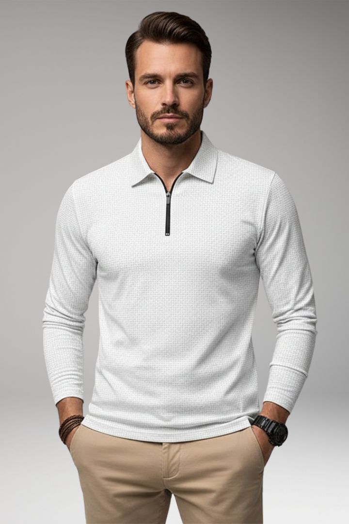 Men's Polo Shirt Long-Sleeve Zipper Textured
