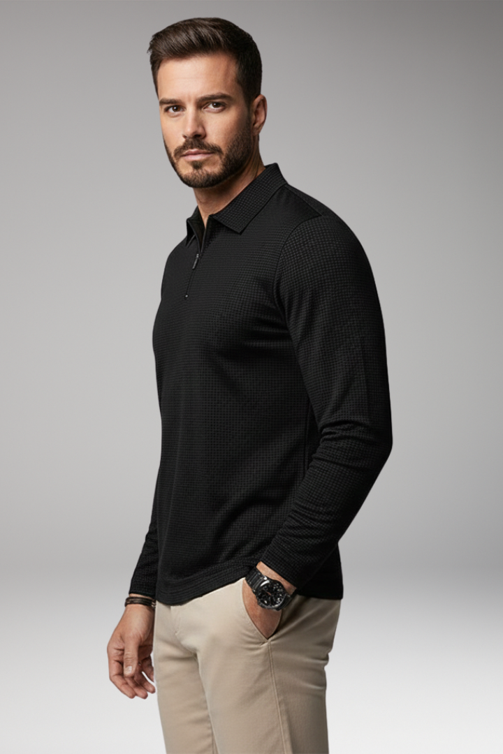 Men's Polo Shirt Long-Sleeve Zipper Textured