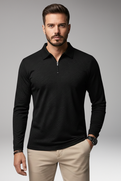 Men's Polo Shirt Long-Sleeve Zipper Textured
