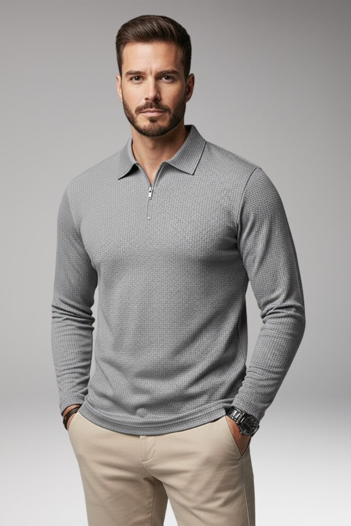 Men's Polo Shirt Long-Sleeve Zipper Textured