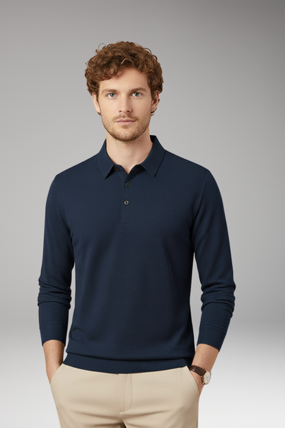 Men's Long Sleeve Polo Textured Knit Streamlined Cut