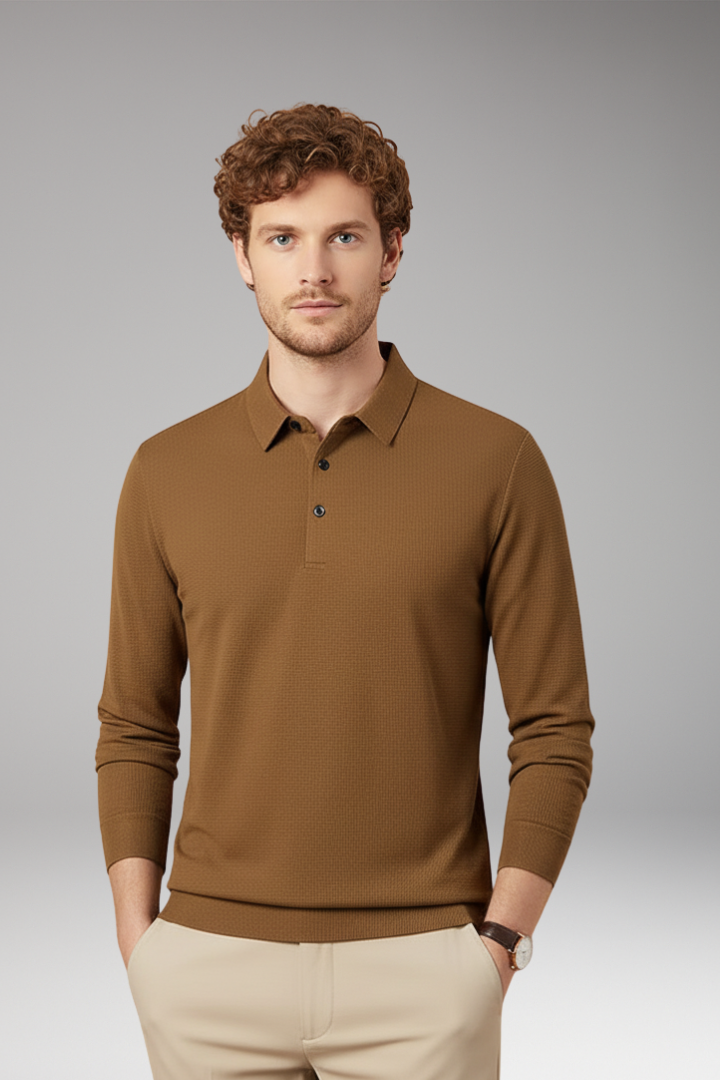 Men's Long Sleeve Polo Textured Knit Streamlined Cut