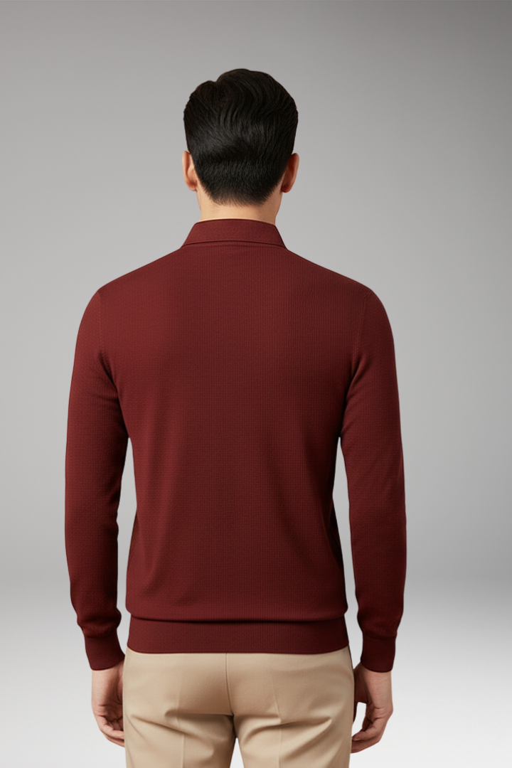 Men's Long Sleeve Polo Textured Knit Streamlined Cut