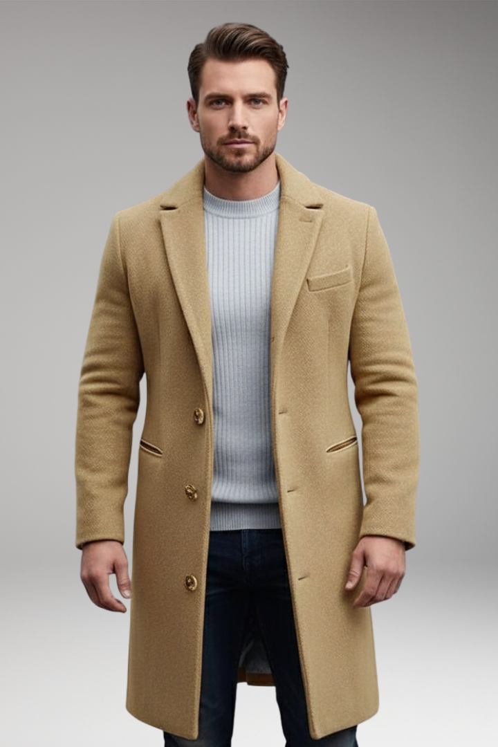 Men's Lapel Collar Long Coat Button Front Closure