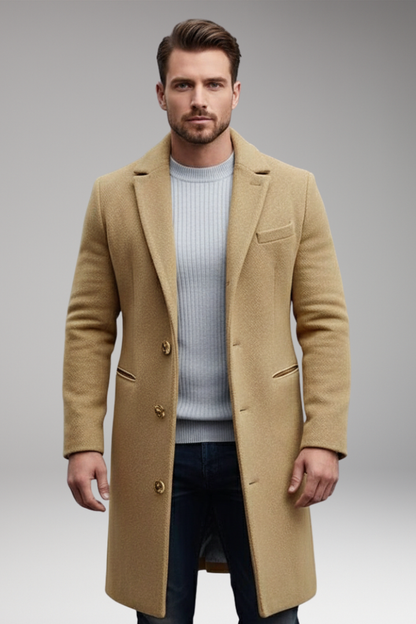 Men's Lapel Collar Long Coat Button Front Closure