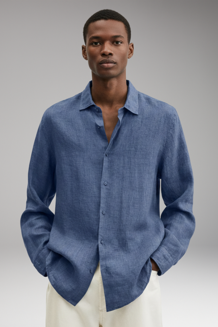 Men's Long Sleeve Dress Shirt Lapel Collar Button Front