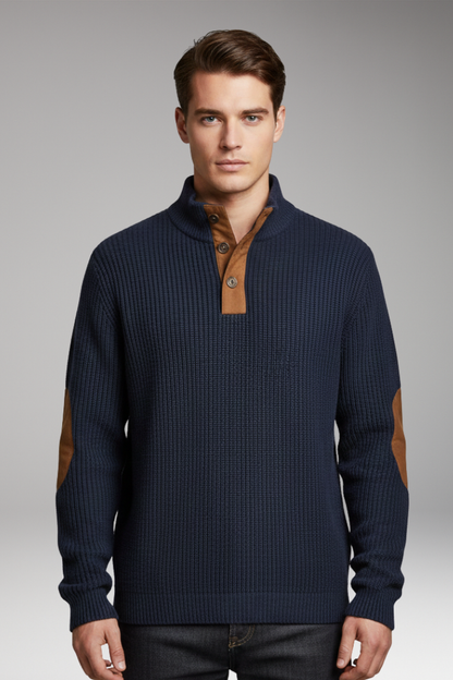 Men's Pullover Sweater Button Neck Elbow Patch