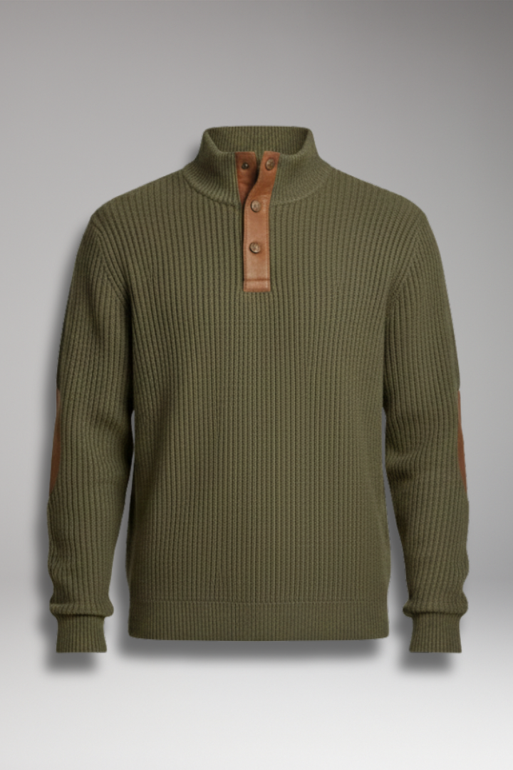 Men's Pullover Sweater Button Neck Elbow Patch - 
Fashinoza