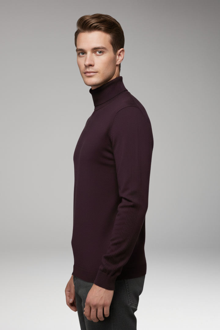 Men's Turtleneck Sweater Ribbed Cuffs Straight Hem