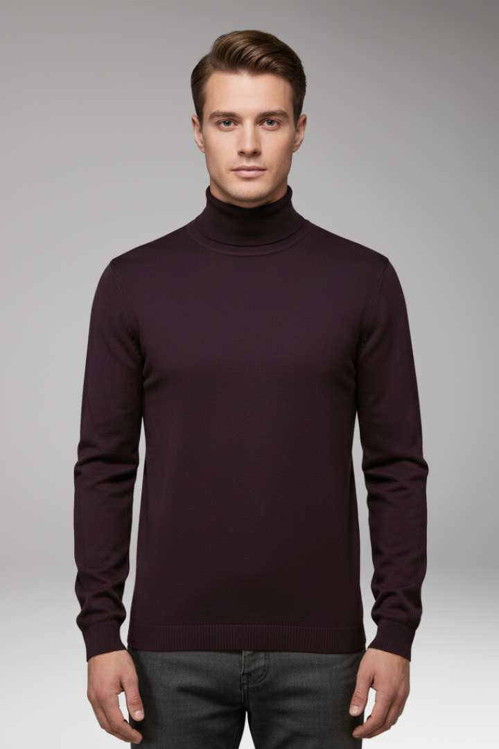 Men's Turtleneck Sweater Ribbed Cuffs Straight Hem