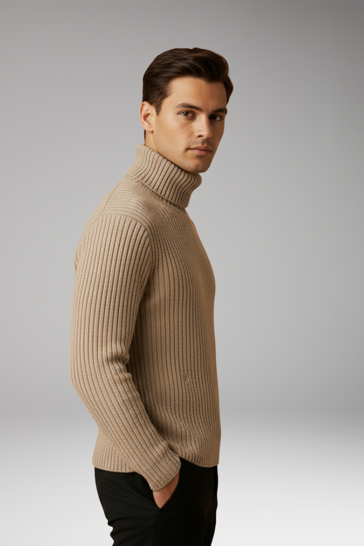 Men's Turtleneck Ribbed Sweater Structured Collar