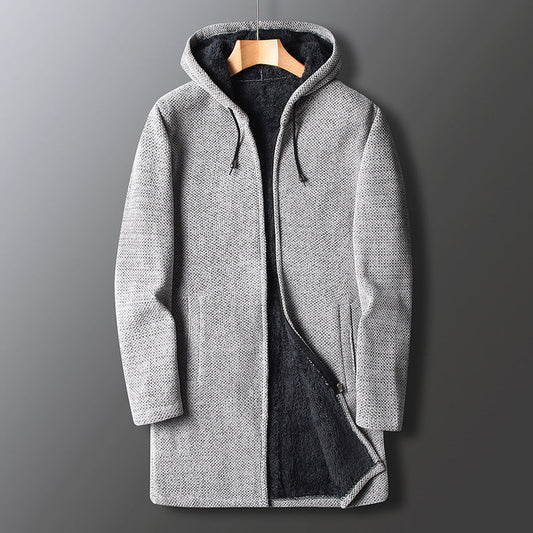 Men's Long Hooded Fleece Jacket Zip-Up Adjustable Drawstring - Fashinoza