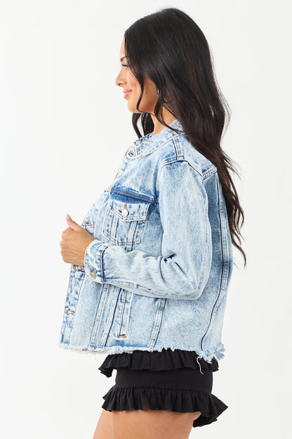 Women's Denim Jacket Acid Wash Button Down Blue