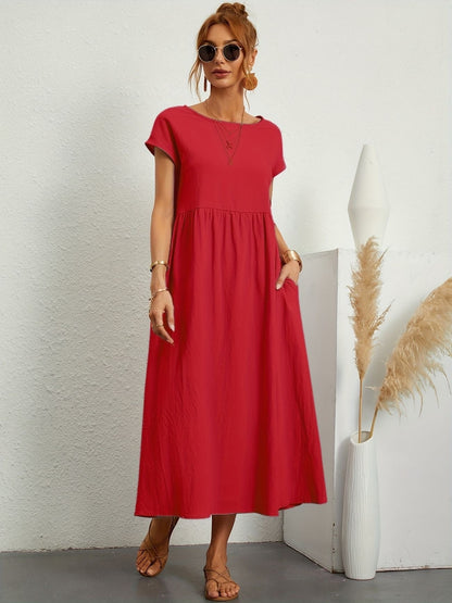 Women's Midi Dress Short Sleeves Side Pockets