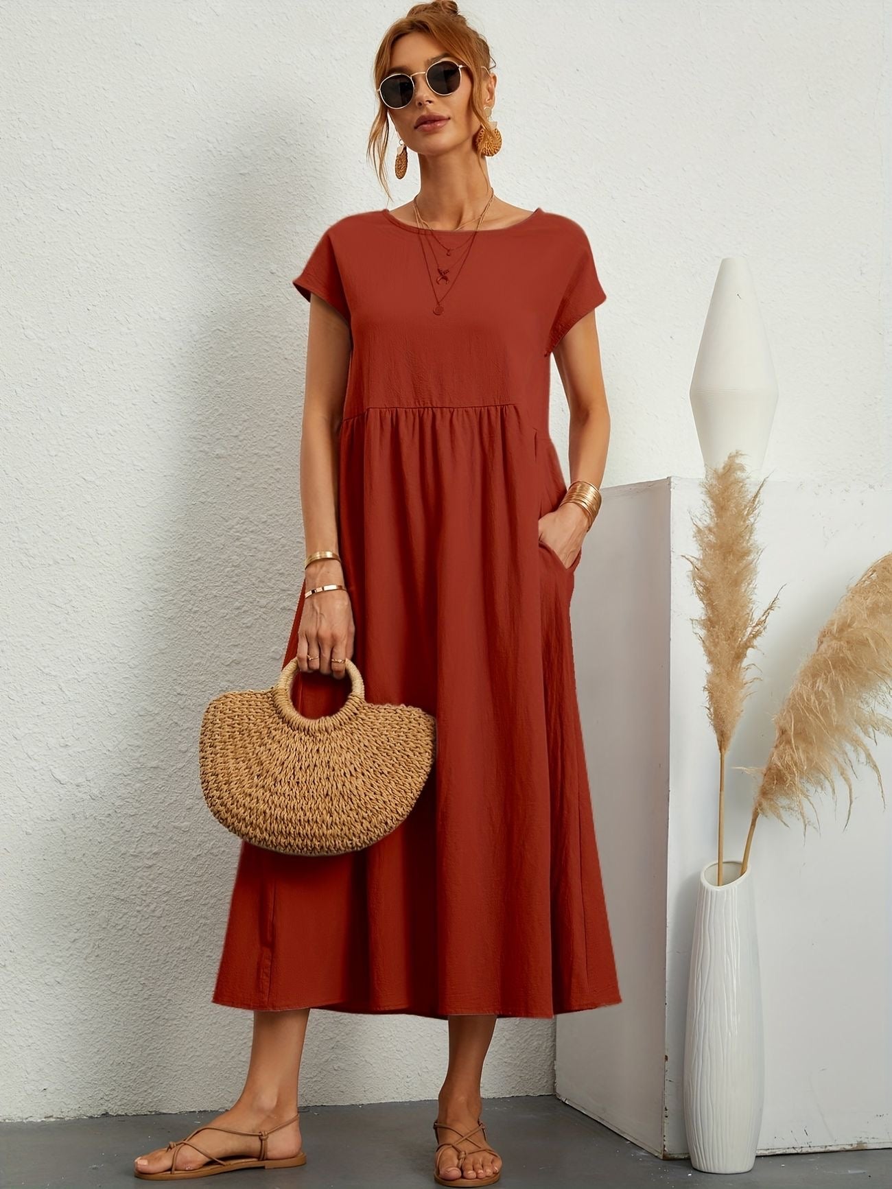 Women's Midi Dress Short Sleeves Side Pockets