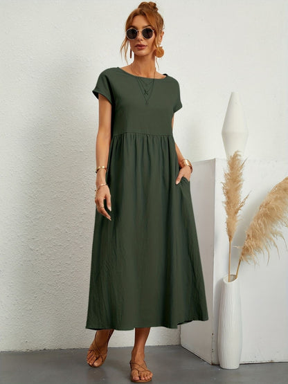 Women's Midi Dress Short Sleeves Side Pockets - 
Fashinoza