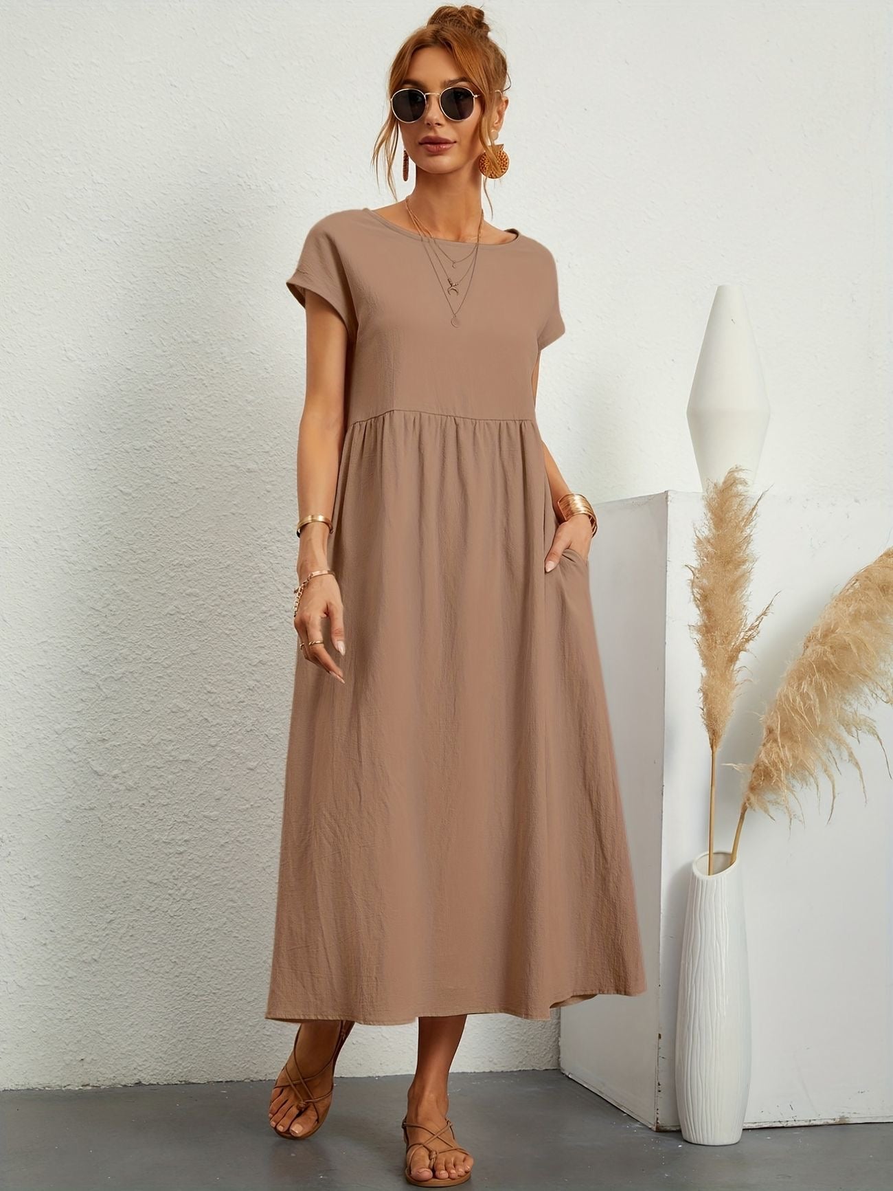 Women's Midi Dress Short Sleeves Side Pockets