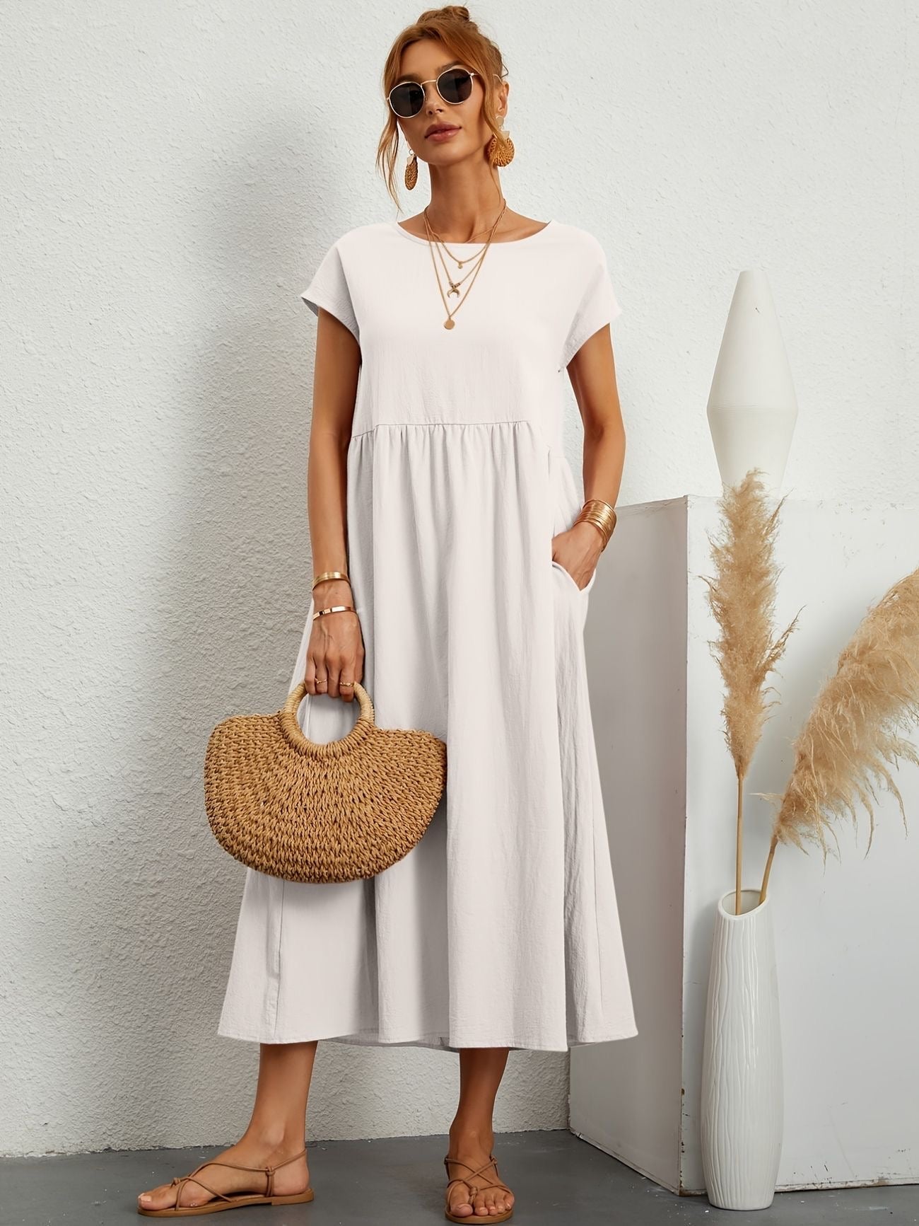 Women's Short Sleeve Round Neck Midi Dress