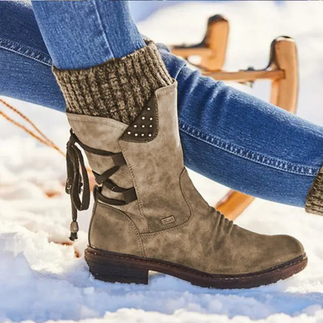 Mid-Calf Strass-Embellished Boots for Women – Stylish & Warm