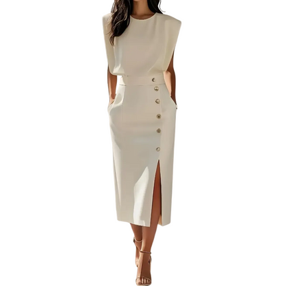 Elisara | Women’s Sleeveless Button Detail Midi Dress