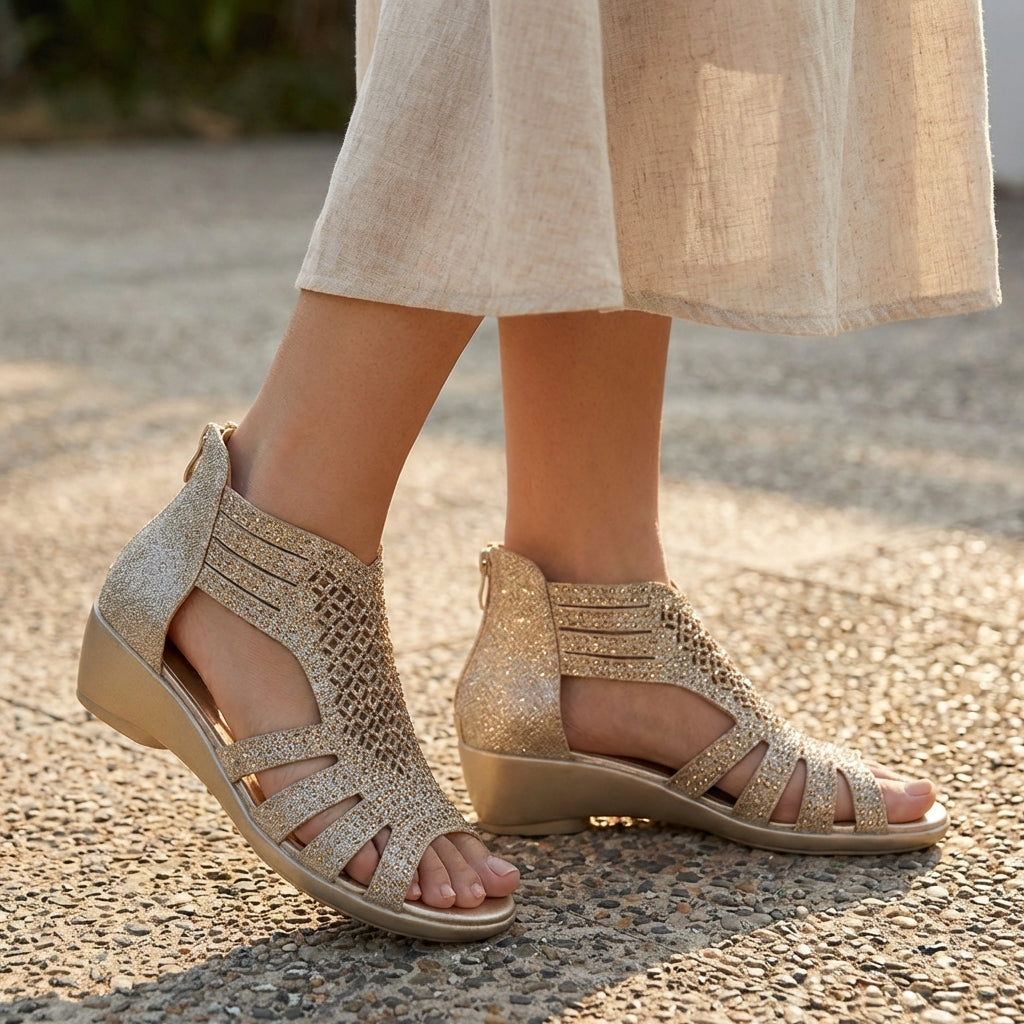 Womens Wedge Sandals Cut-Out Back Zipper
