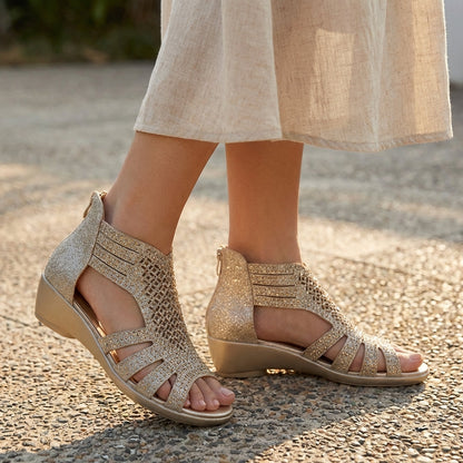 Womens Wedge Sandals Cut-Out Back Zipper