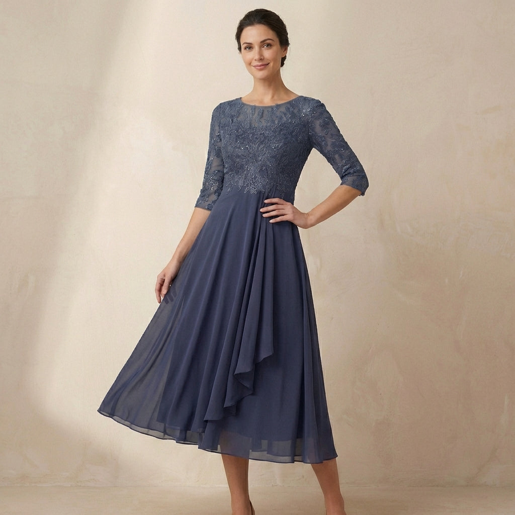 Women's Embroidered Midi Dress Sheer Sleeves Pockets