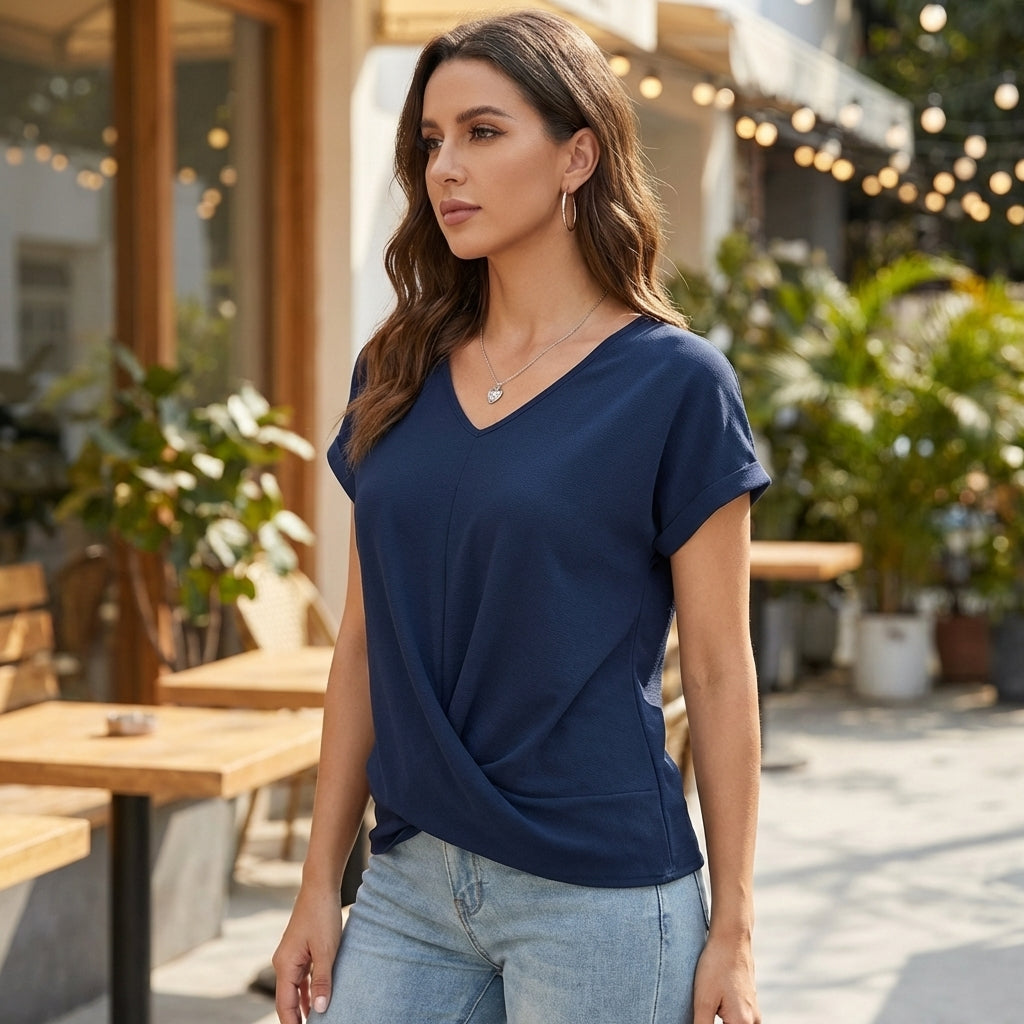 Women's Relaxed Fit V-Neck Twist Front Cuffed Sleeves
