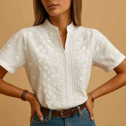 Women's Embroidered White Blouse Stand Collar