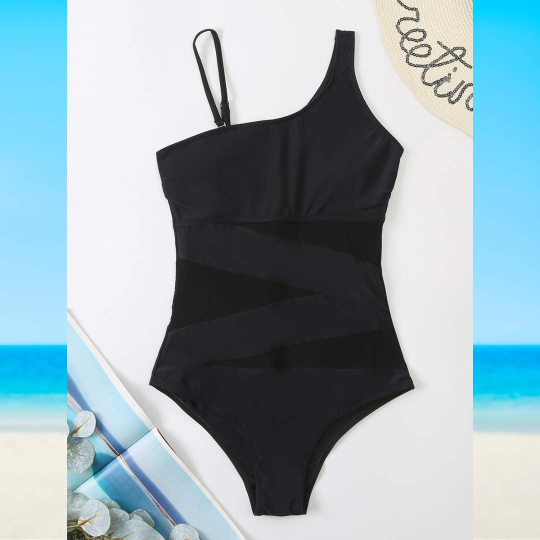 Women's One-Piece Swimsuit Asymmetrical Neckline Mesh Panel