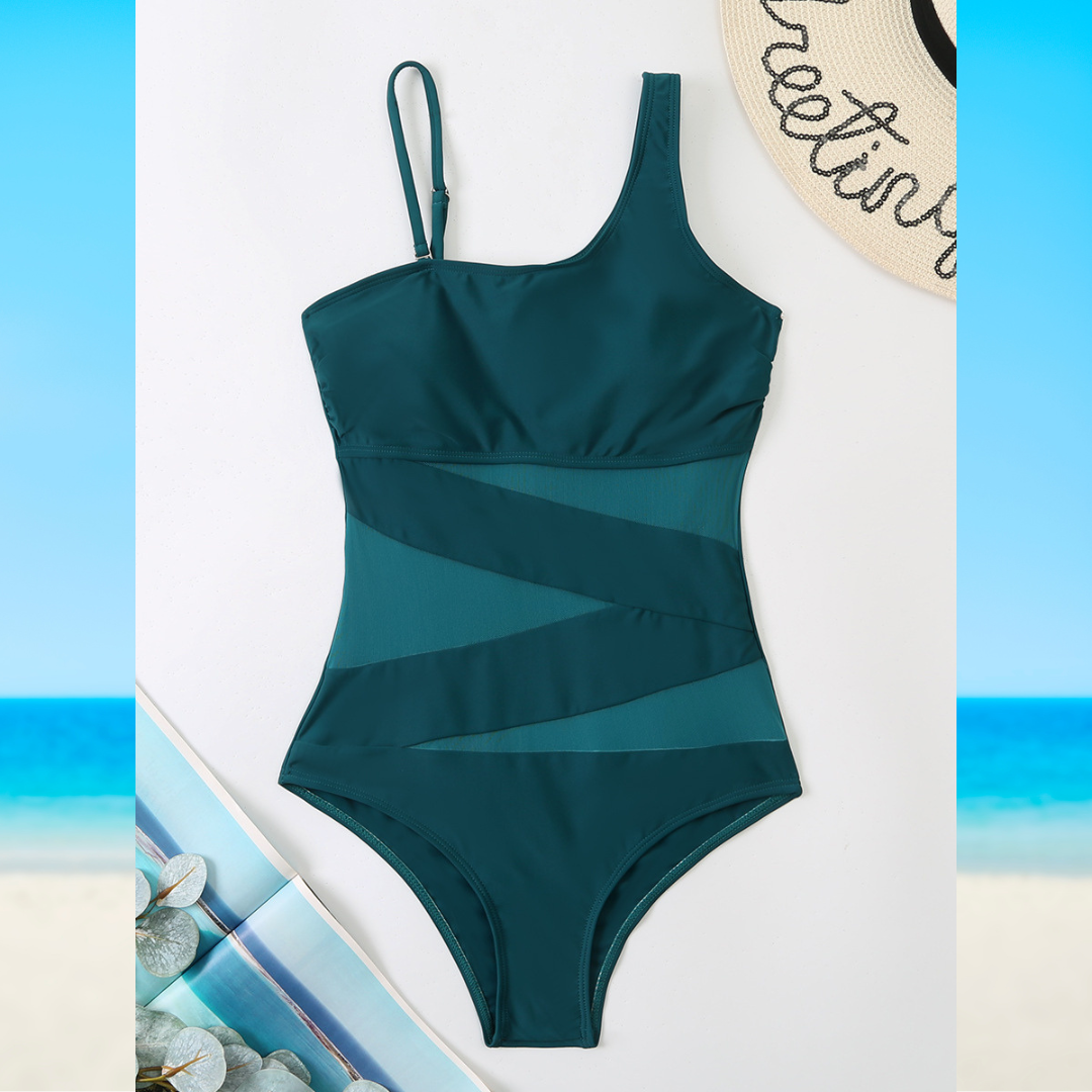 Women's One-Piece Swimsuit Asymmetrical Neckline Mesh Panel
