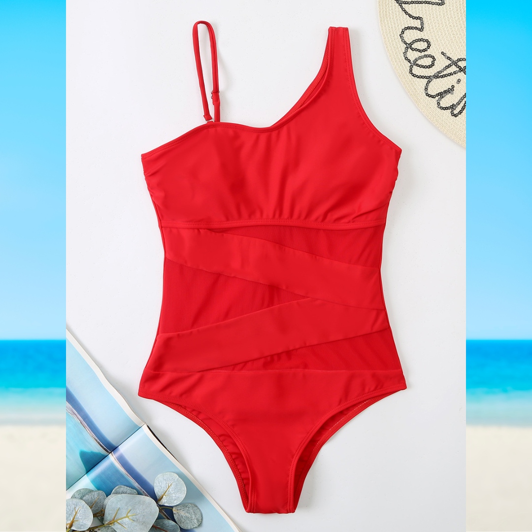 Women's One-Piece Swimsuit Asymmetrical Neckline Mesh Panel