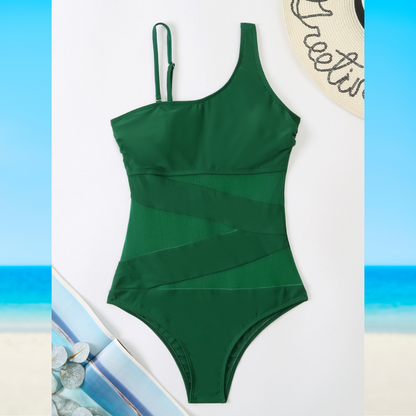 Women's One-Piece Swimsuit Asymmetrical Neckline Mesh Panel