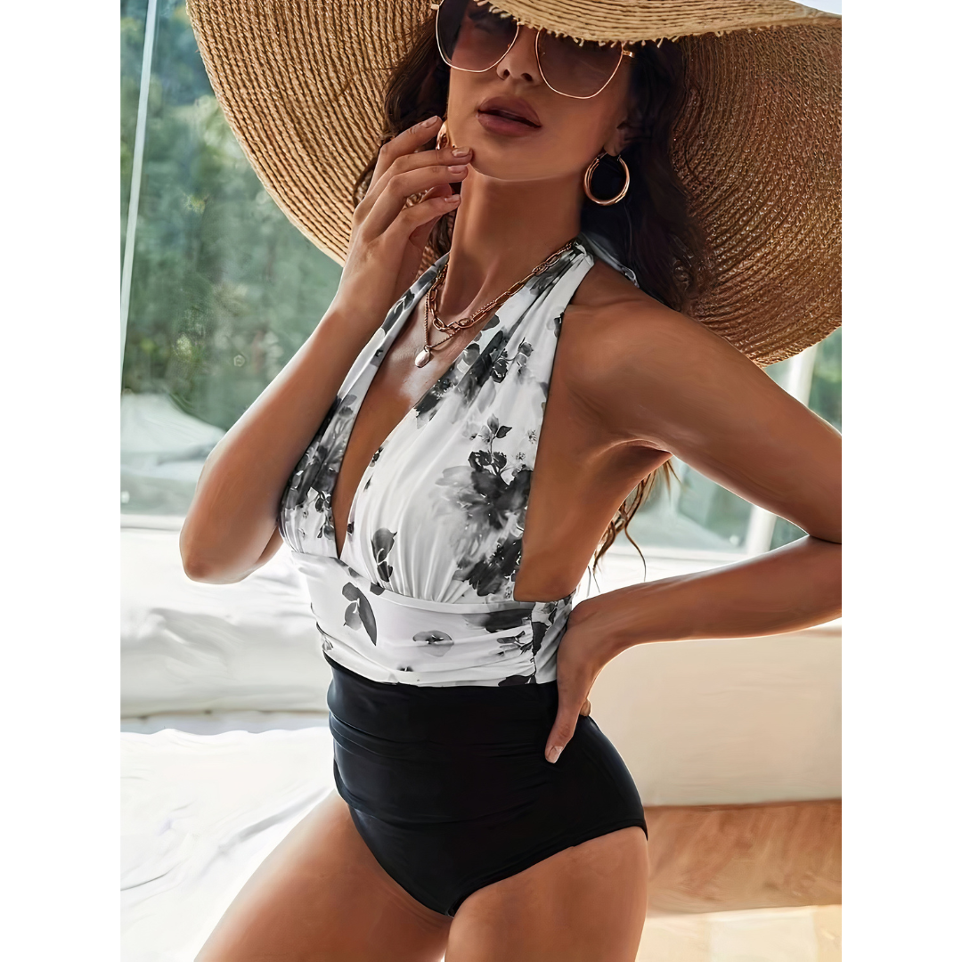 Women's Halter Swimsuit Floral Print Deep V-Neck One Piece