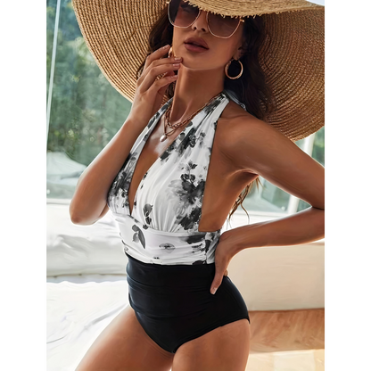 Women's Halter Swimsuit Floral Print Deep V-Neck One Piece