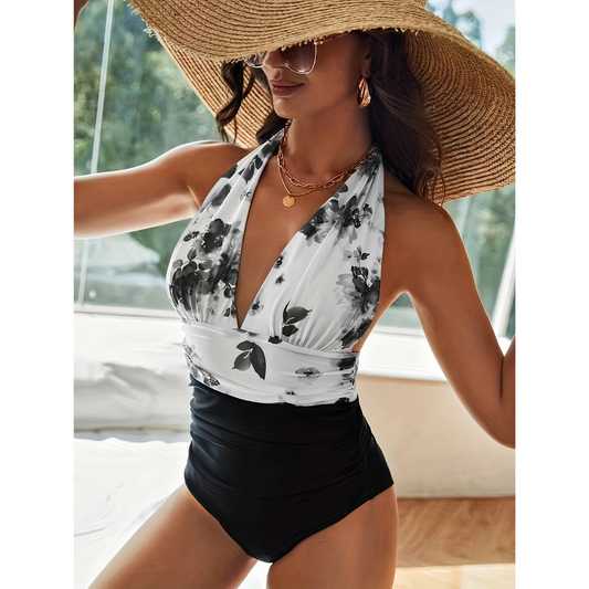 Women's Halter Swimsuit Floral Print Deep V-Neck One Piece - 
Fashinoza