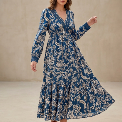 Women's V-Neck Maxi Dress Lace Trim Tiered Skirt - 
Fashinoza
