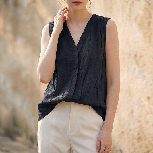 Women's V-Neck Sleeveless Pleated Crinkle Texture - 
Fashinoza