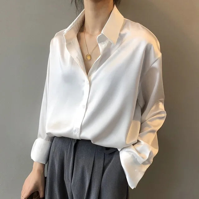 Emily | Women Spring Satin Button Down Blouse Top