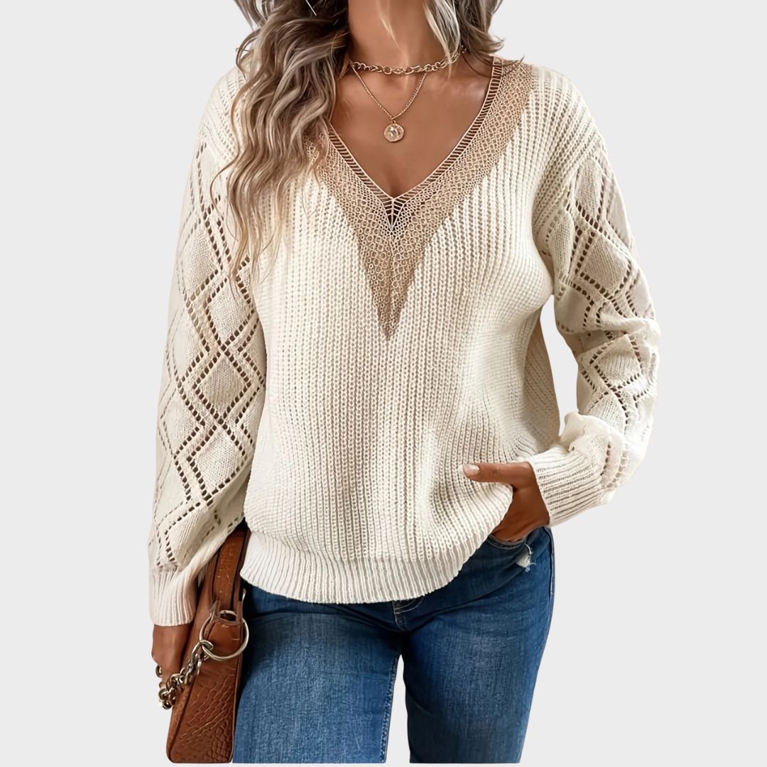 Women's V Neck Sweater Solid Paisley Pattern - Fashinoza