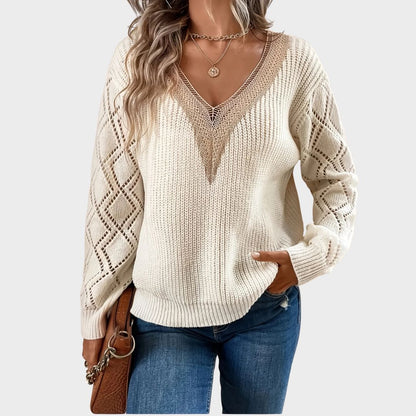 Women's V Neck Sweater Solid Paisley Pattern - Fashinoza
