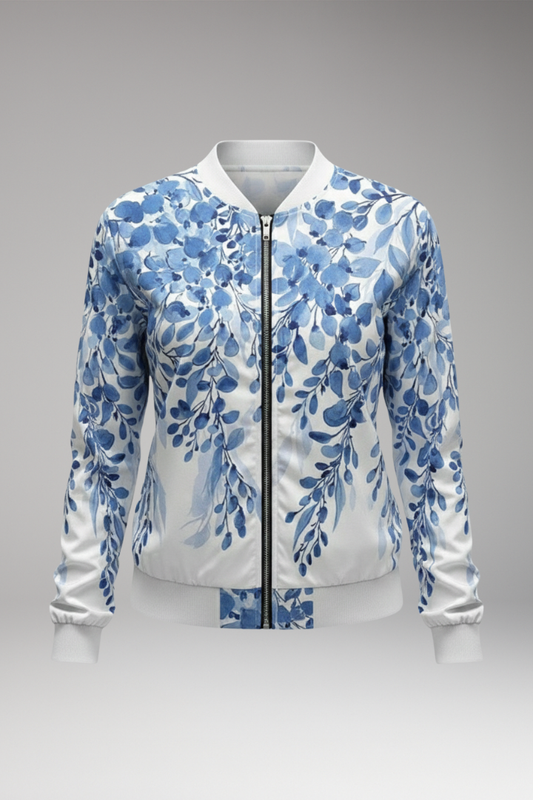Women's Floral Bomber Jacket Zip Ribbed Hem - 
Fashinoza
