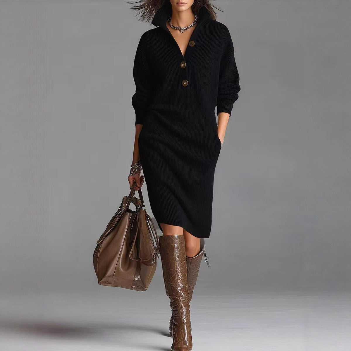 Knit Button-Front Midi Dress