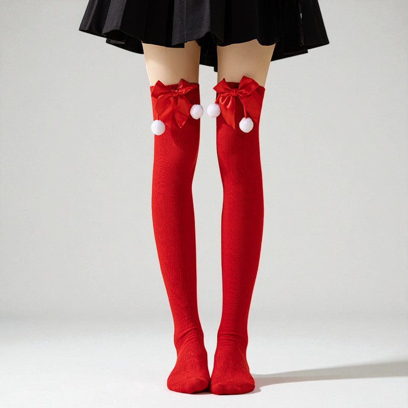 Women's Christmas Over The Knee Socks Pom Pom Red - 
Fashinoza