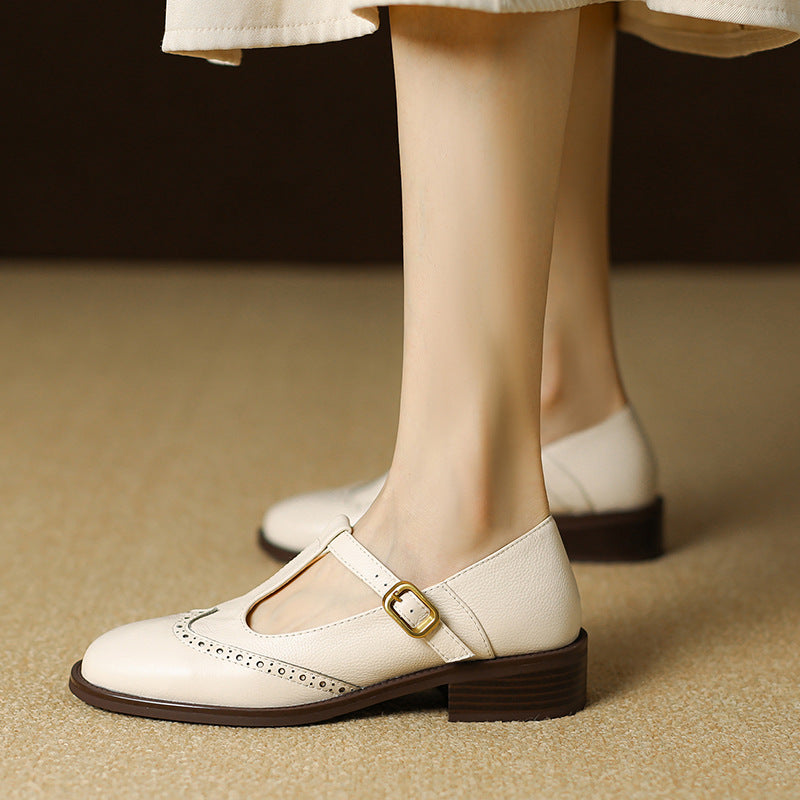 Women's Leather Mary Jane Shoes Low Block Heel - Fashinoza