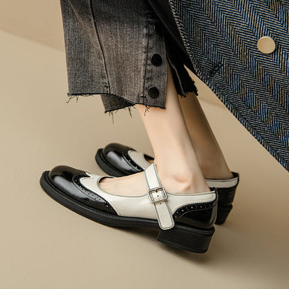 Women's Leather Mary Jane Shoes Low Heel Two-Tone