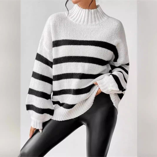Women's Striped Sweater Ribbed Collar - Fashinoza