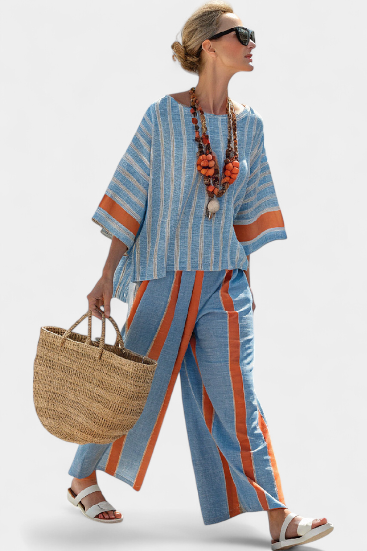 Women's Wide Leg Striped Pants Set - Fashinoza