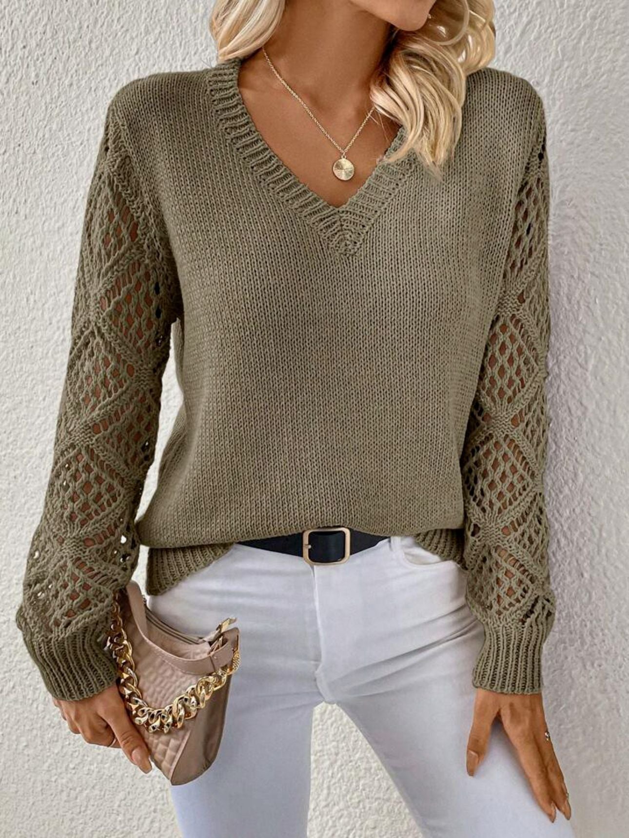 Women's Crochet Sleeve V-Neck Knit Sweater